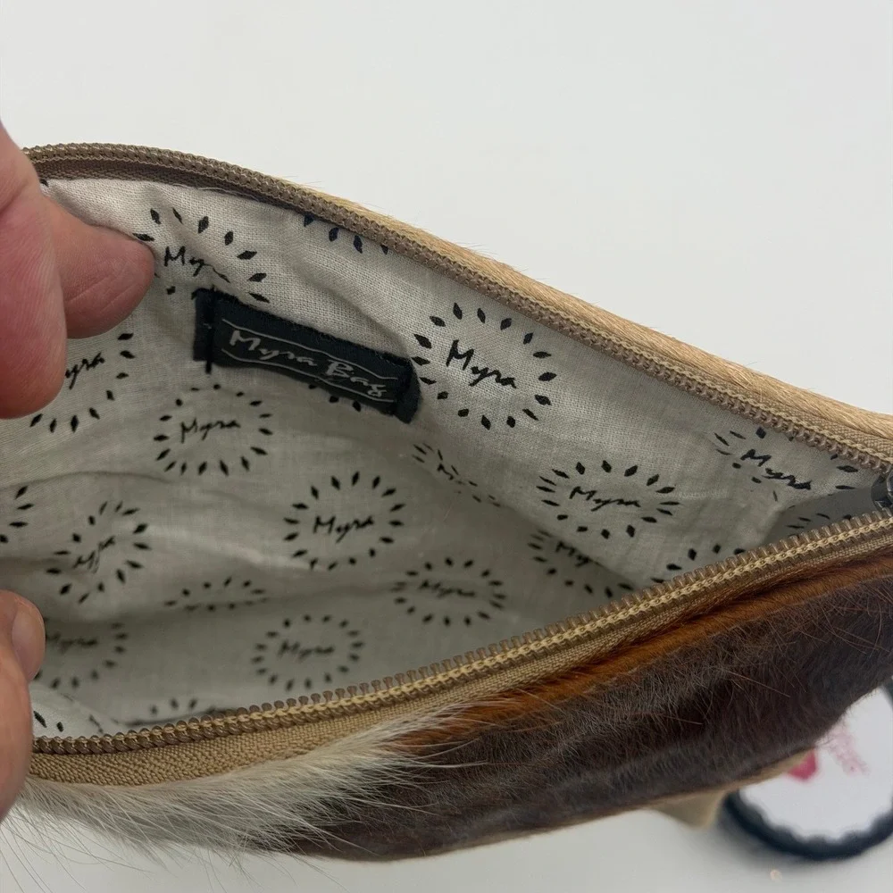 Myra Bag Multi Cowhide Leather Wristlet Clutch Brown Tan White Rodeo Rustic NWT